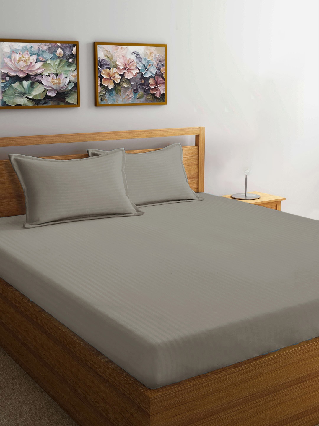 

FABINALIV Taupe Striped 300 TC Fitted King Bedsheet Set 2.50m X 2.25m