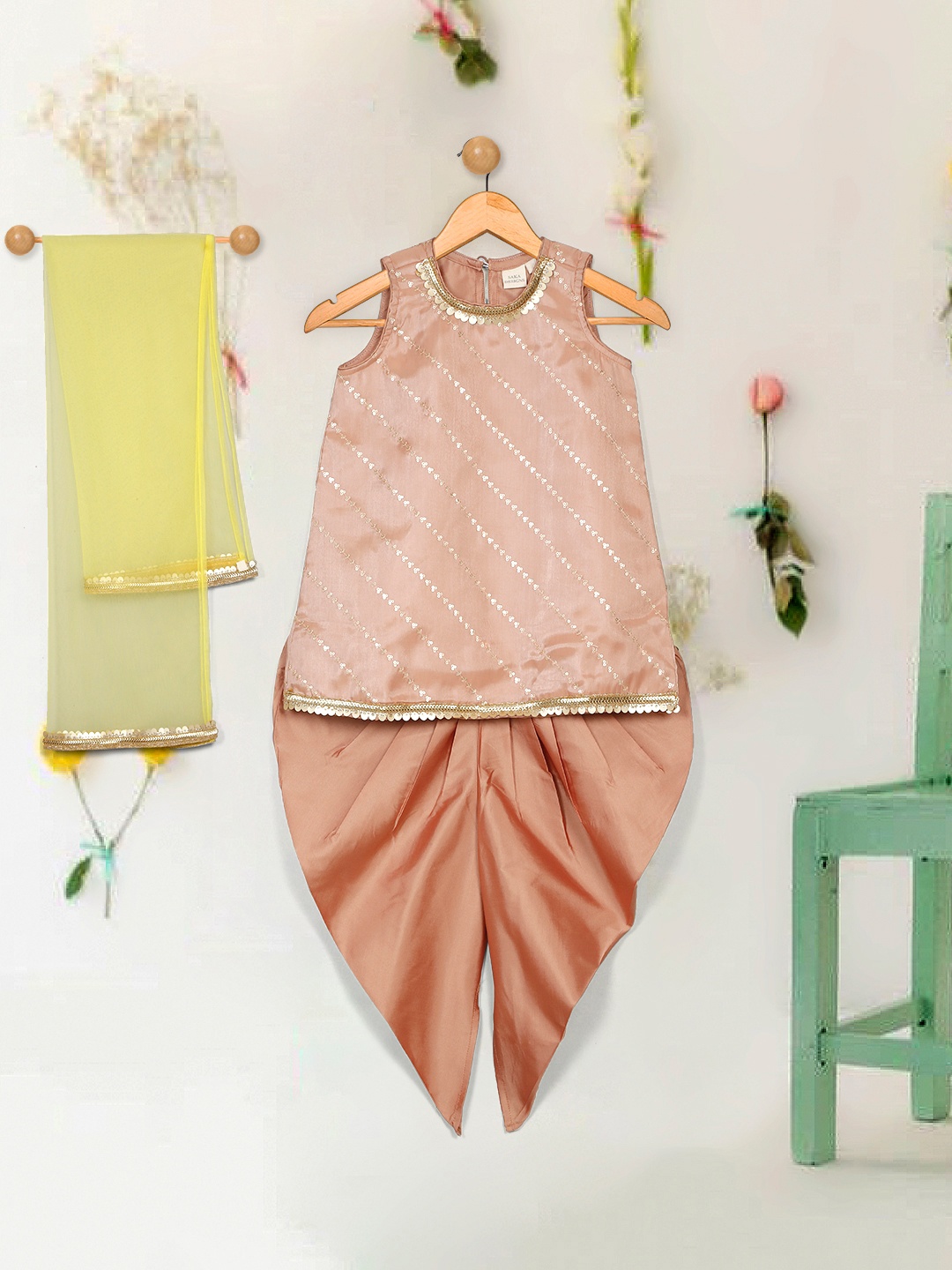 

SAKA DESIGNS Girls Embroidered Regular Kurta with Dhoti Pants & With Dupatta, Peach