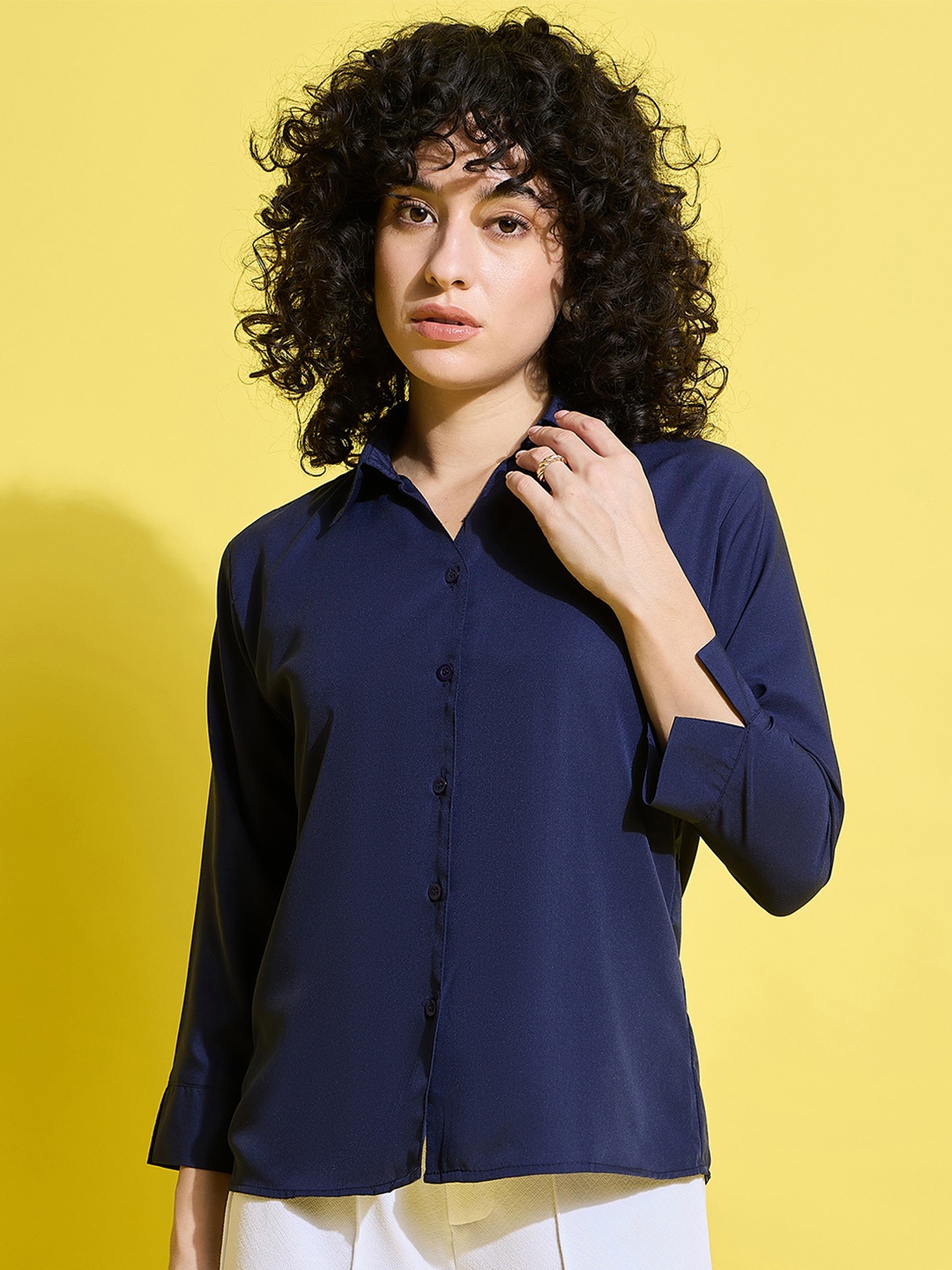 

BUY NEW TREND Women Standard Spread Collar Solid Formal Shirt, Navy blue