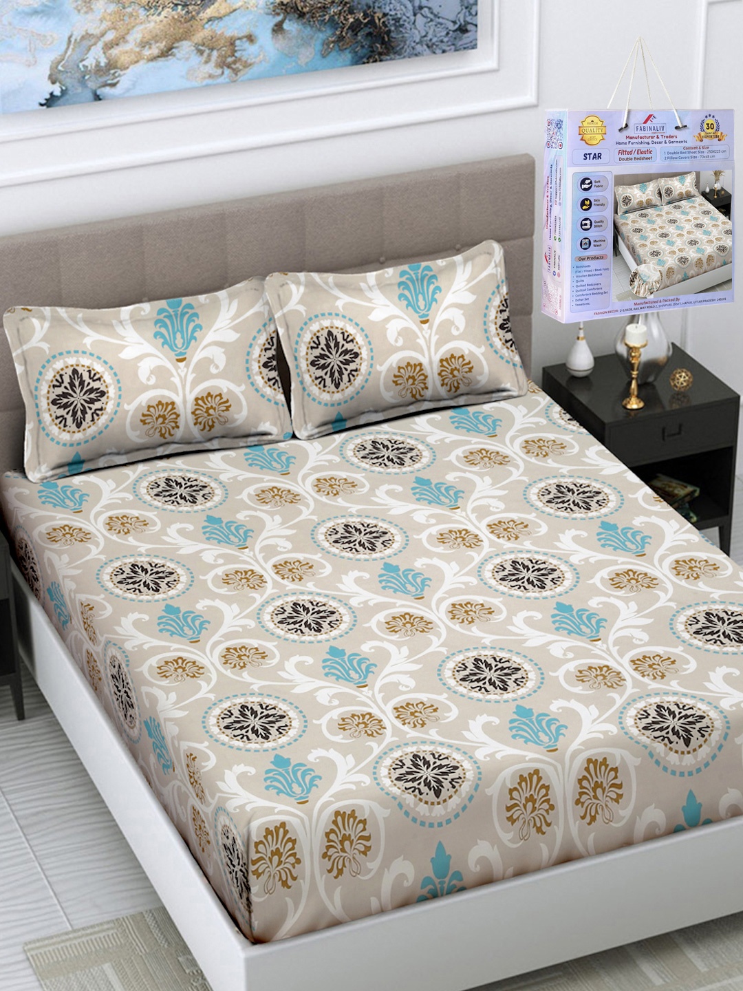 

FABINALIV Beige & Off White Floral 300 TC King Bedsheet Set 2.50 m x 2.25 m