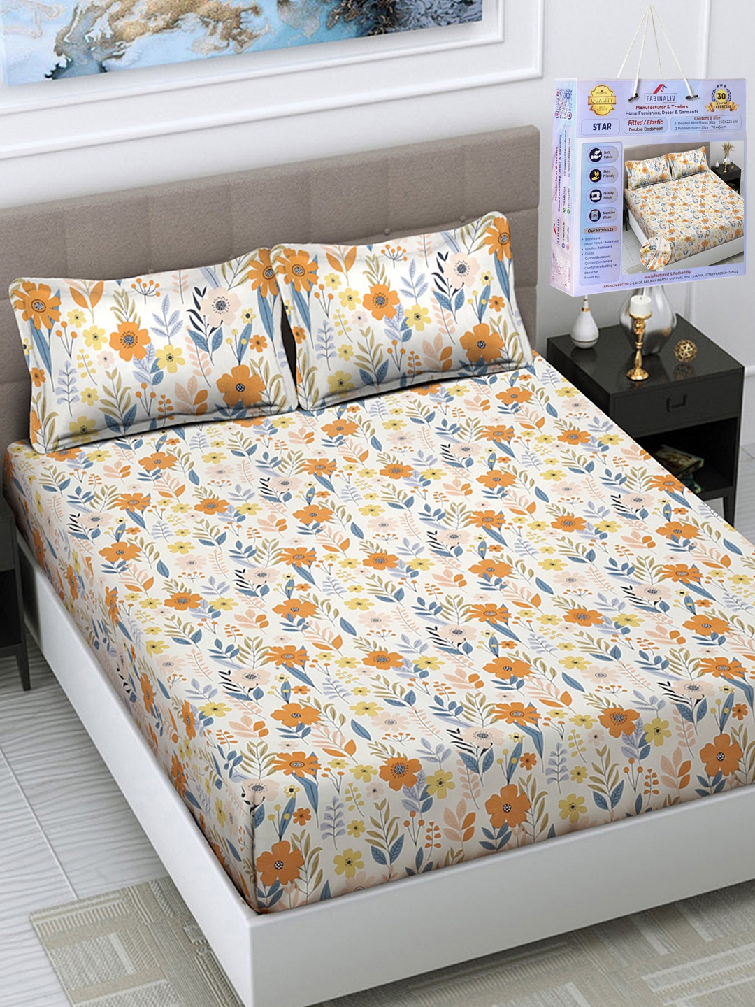 

FABINALIV White & Orange Floral 300 TC Fitted King Bedsheet Set 2.50m X 2.25m