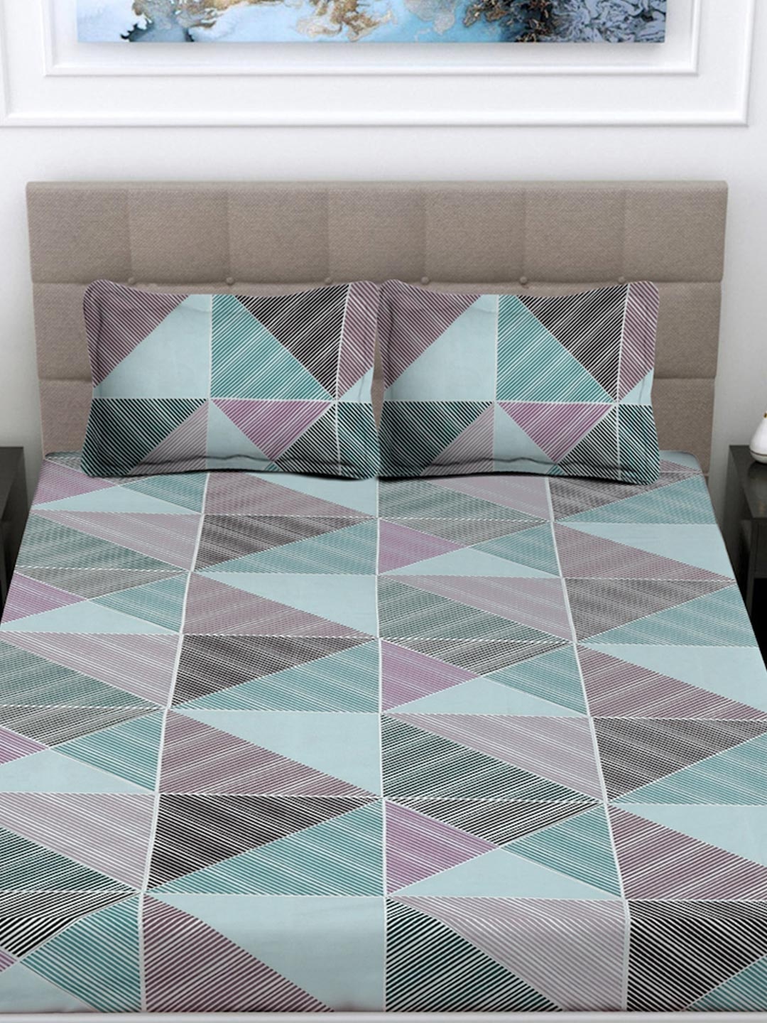 

FABINALIV Green & Purple Geometric 300 TC Fitted King Bedsheet Set 2.50m X 2.25m