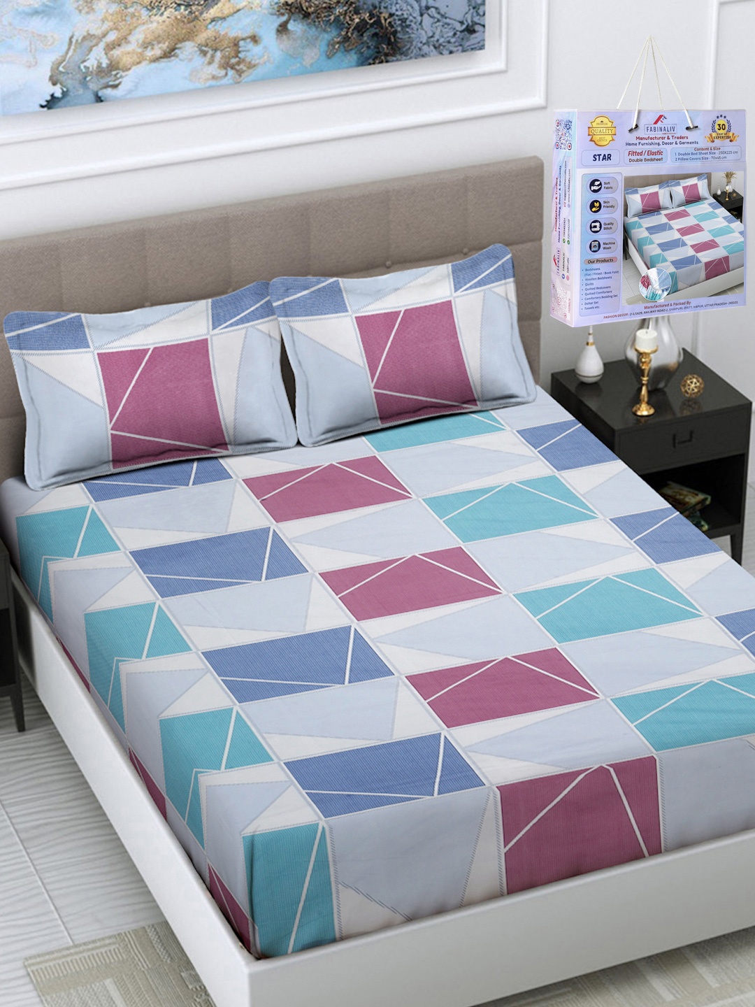

FABINALIV White & Blue Geometric 300 TC King Bedsheet with 2 Pillow Covers 2.50 m x 2.25 m