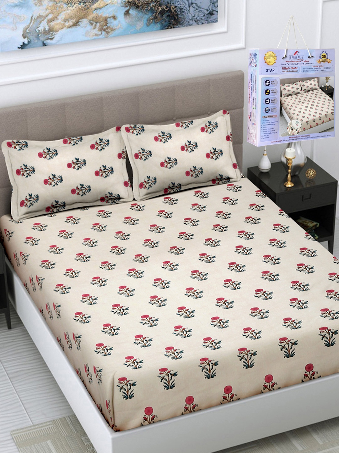 

FABINALIV Cream-Coloured Floral 300 TC King Bedsheet with 2 Pillow Covers 2.50 m x 2.25 m