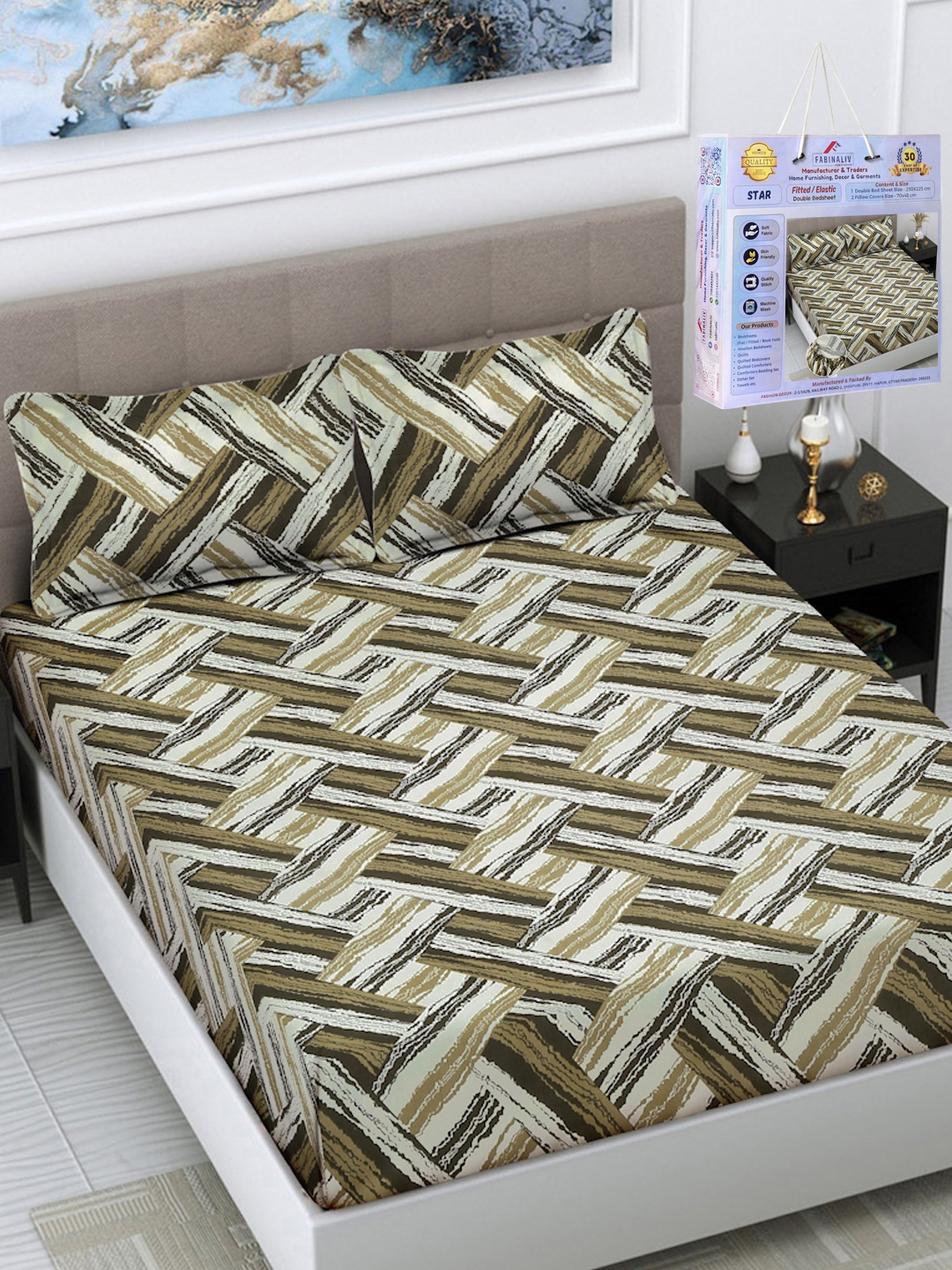 

FABINALIV Green & Beige Geometric 300 TC King 2.50 m x 2.25 m