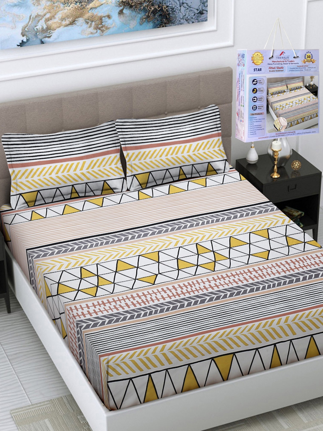 

FABINALIV White & Pink Striped 300 TC King Bedsheet Set 2.50m X 2.25m