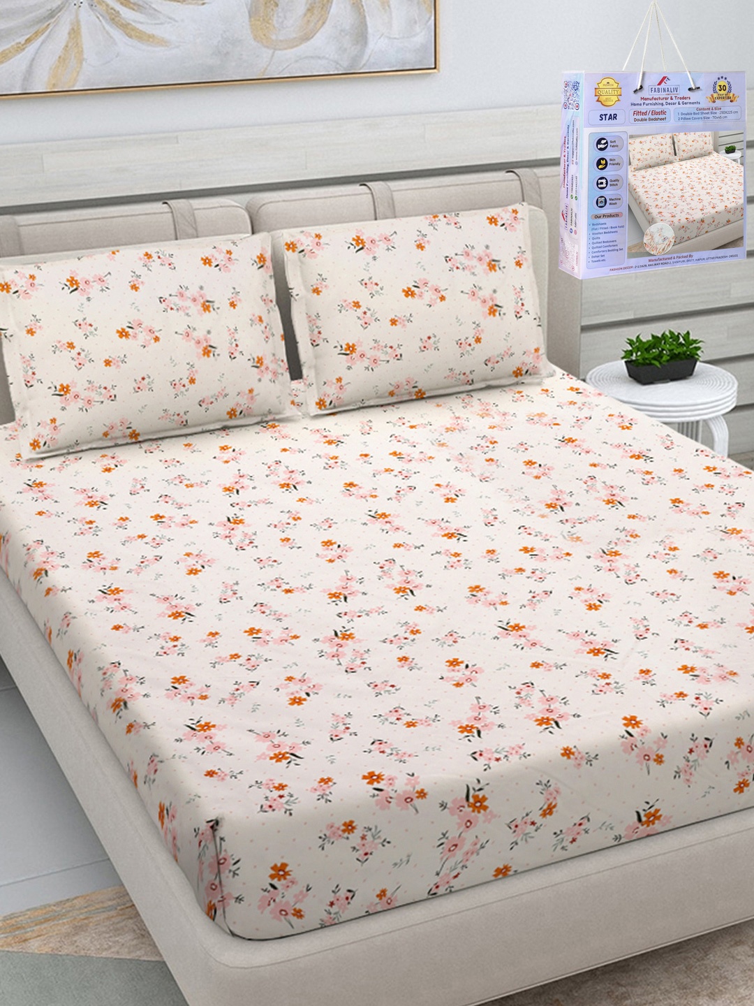 

FABINALIV Off White Floral 300 TC Fitted King Bedsheet Set 2.50m X 2.25m