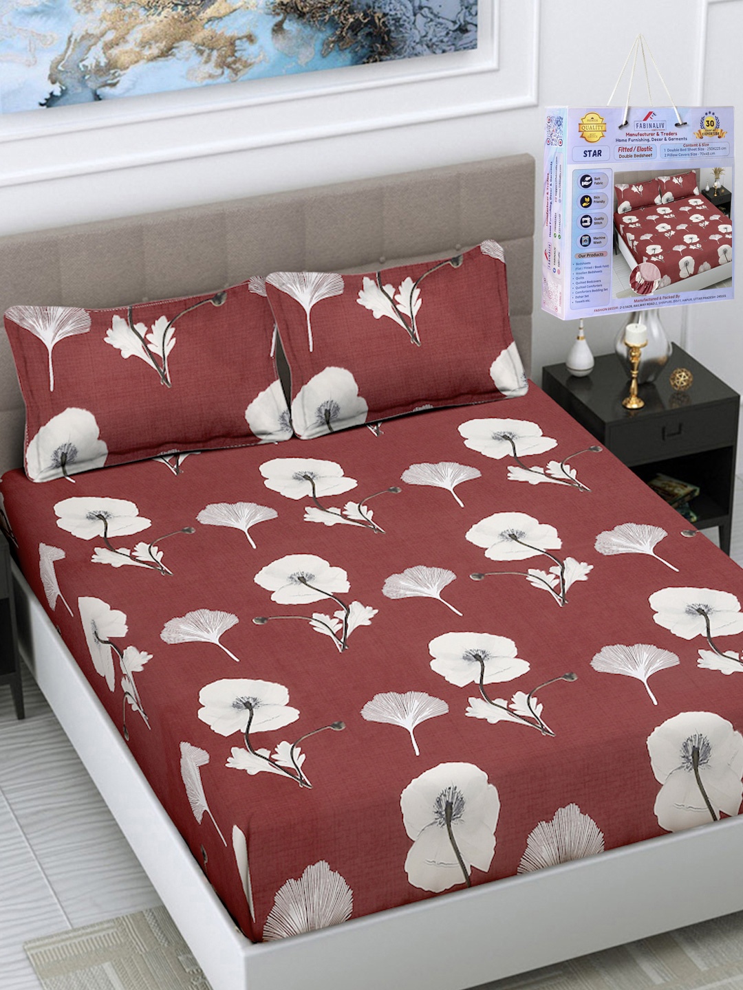 

FABINALIV Maroon & White Floral Printed 300 TC Fitted King Bedsheet Set 2.50m X 2.25m