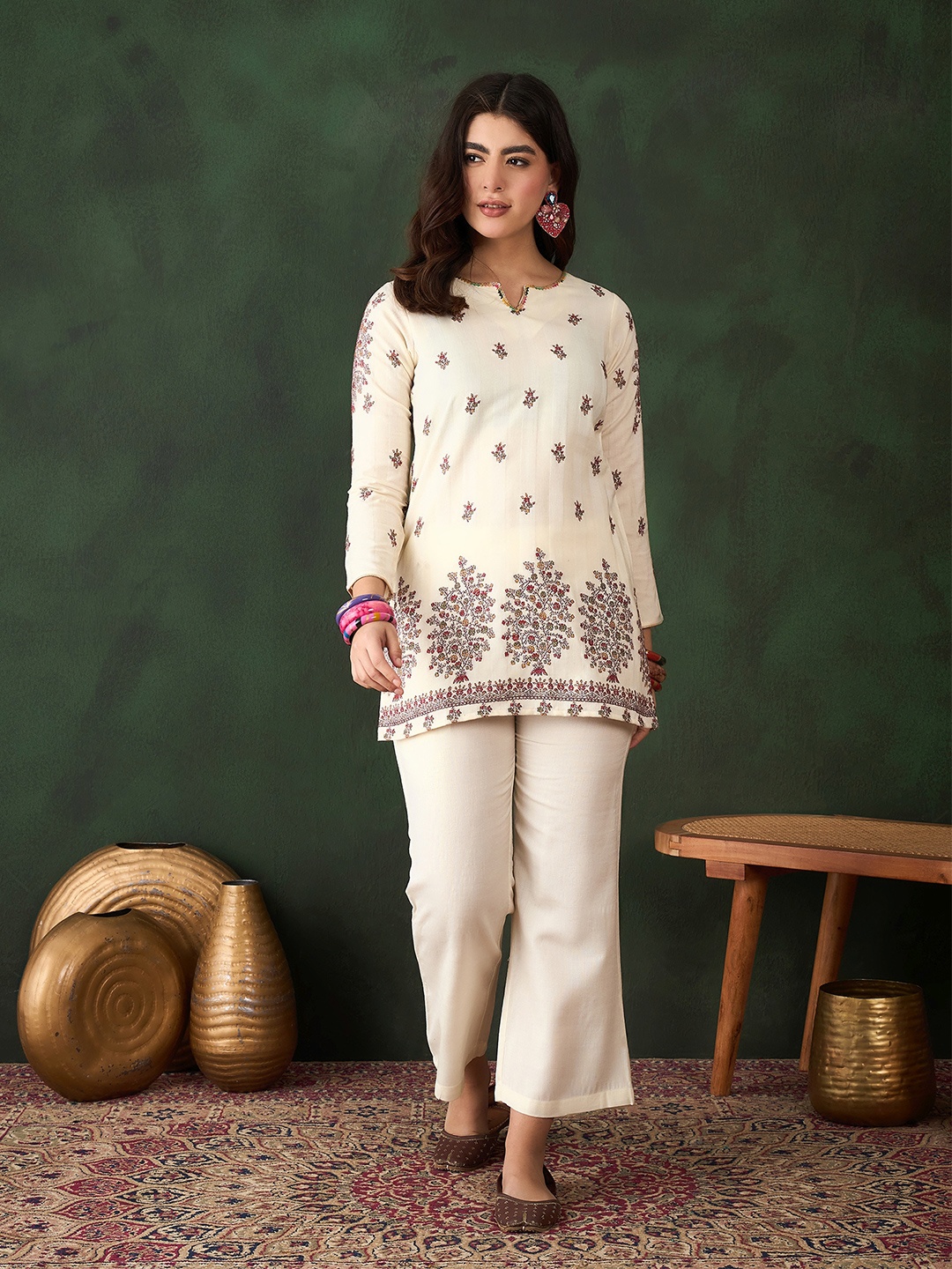 

Sangria Peach Floral Self Design Round Neck Three-Quarter Sleeves Top With Trouser, Cream