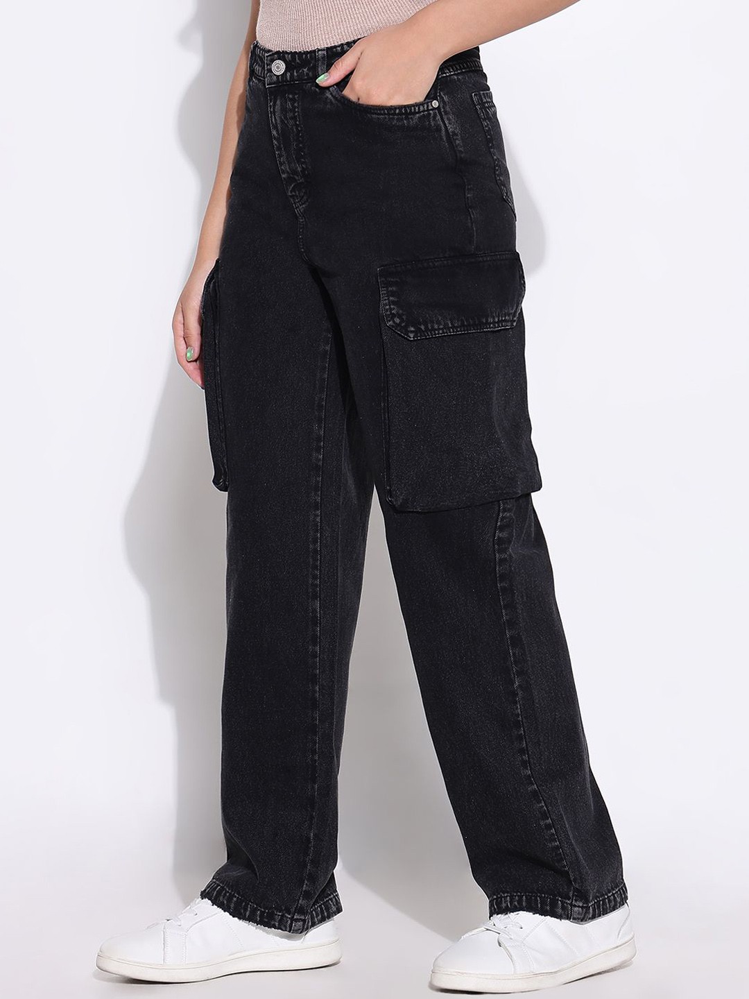 

SHOWOFF Women Comfort Wide Leg Light Fade Acid Wash Stretchable Jeans, Black