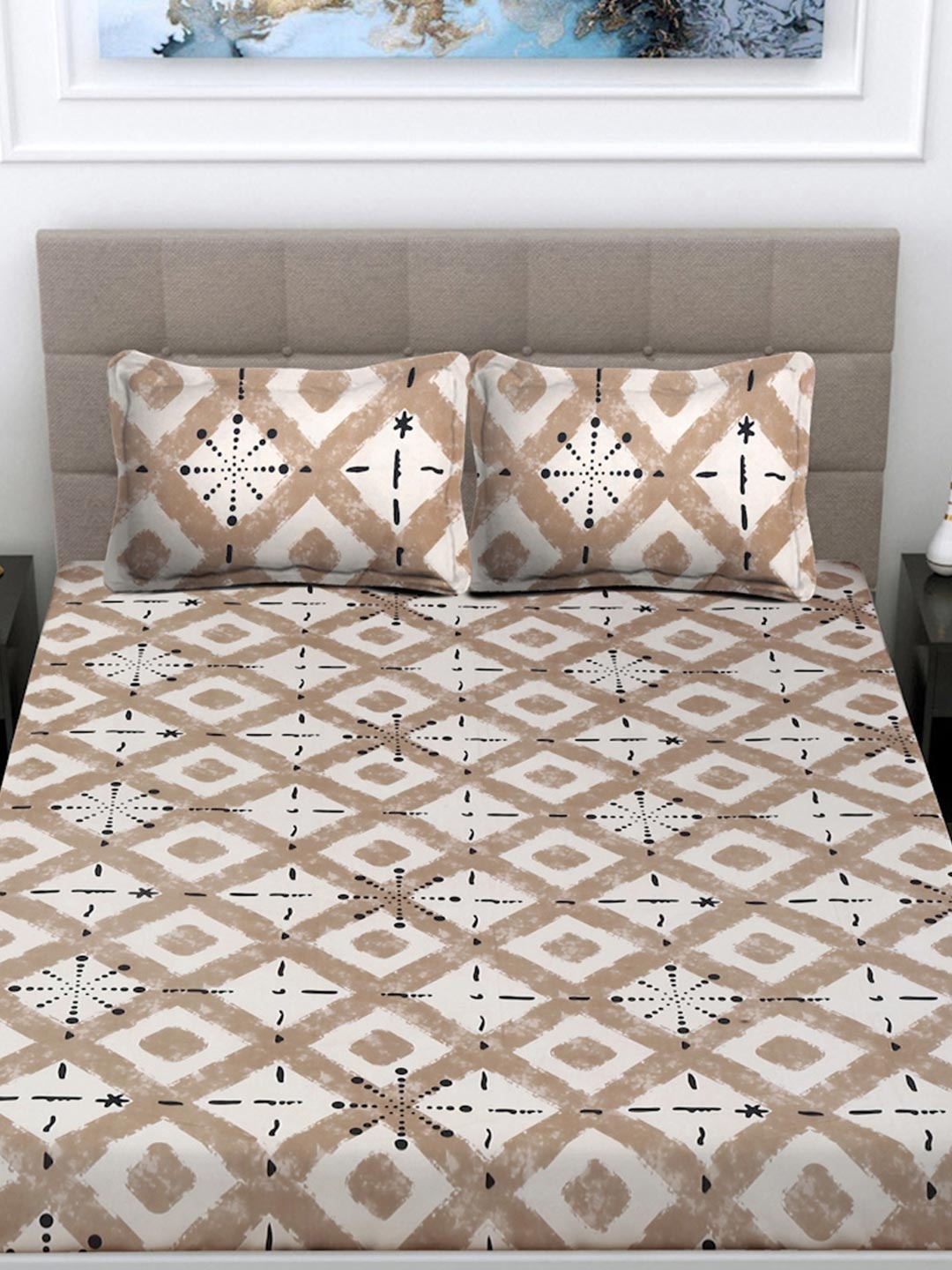 

FABINALIV Cream-Coloured & Beige Geometric 300 TC Fitted King Bedsheet Set 2.50m X 2.25m