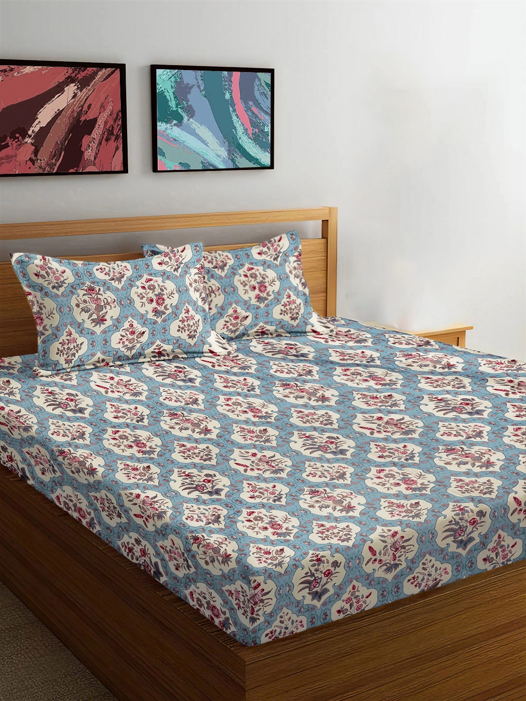 

FABINALIV Blue & Red Floral 300 TC King Bedsheet with 2 Pillow Covers 2.50 m x 2.25 m