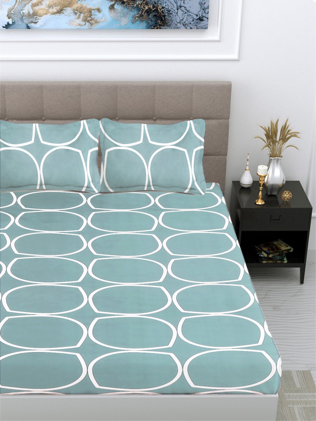 

FABINALIV Teal & White Geometric 300 TC Fitted King Bedsheet Set