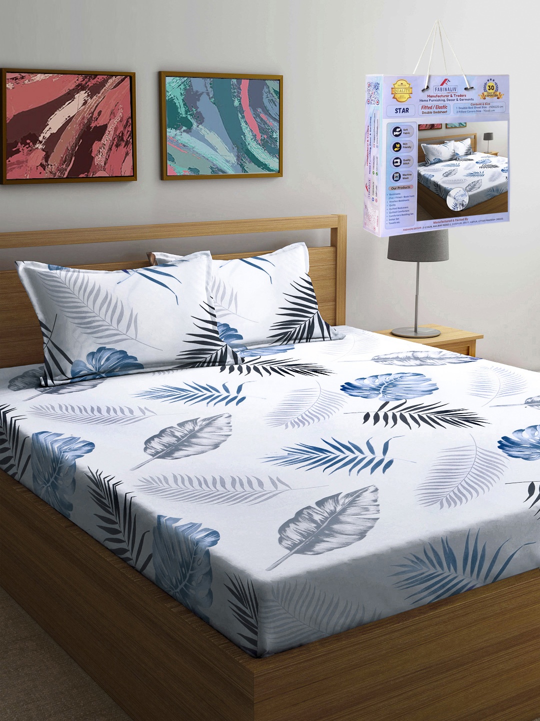 

FABINALIV White & Blue Floral Printed 300 TC Fitted King Bedsheet Set 2.50m X 2.25m