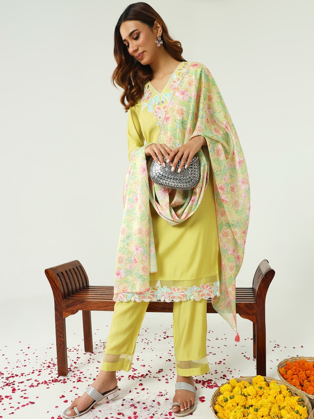 

FIORRA Women Floral Regular Kurta with Trousers & With Dupatta, Yellow
