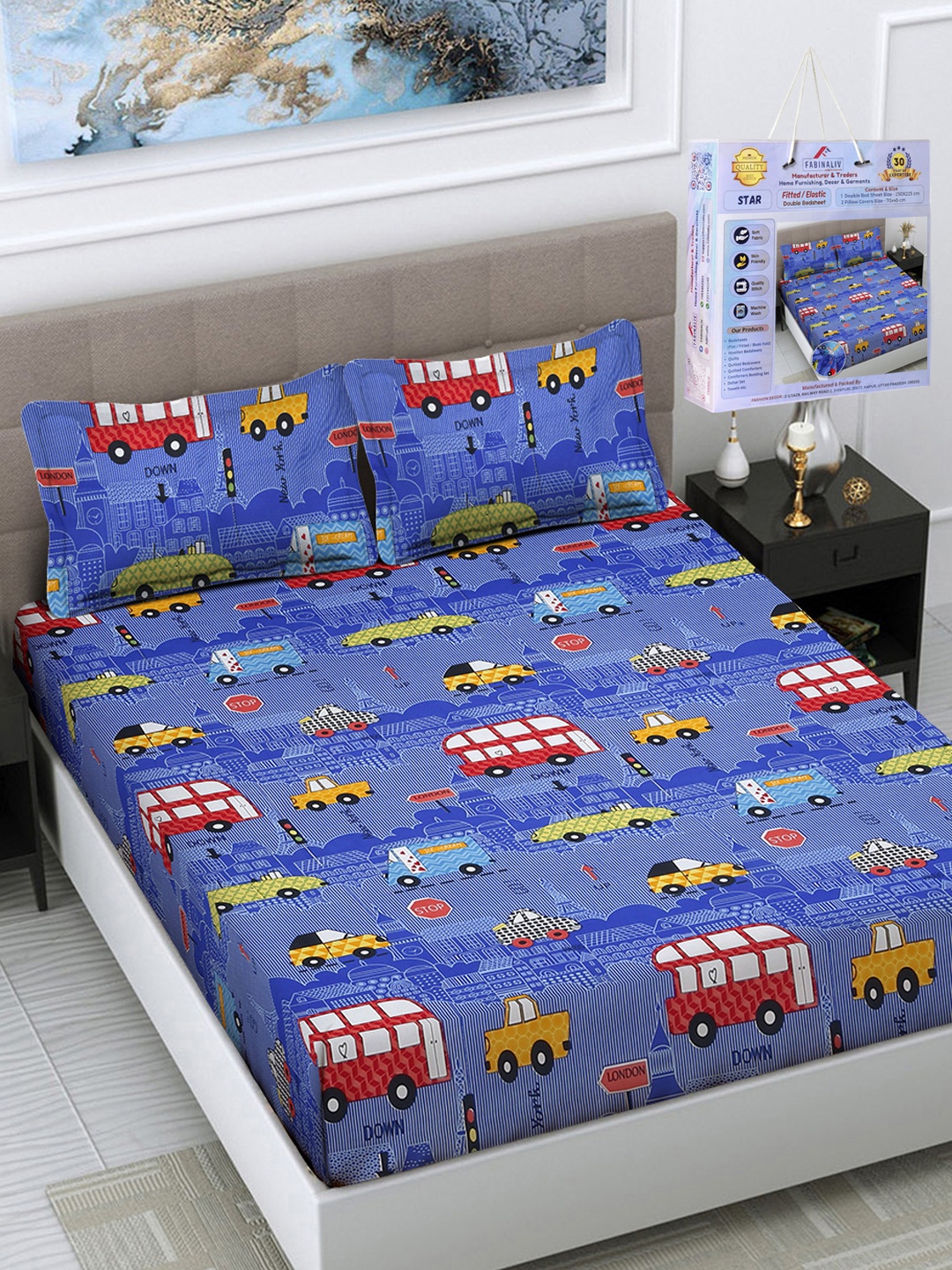

FABINALIV Blue & Red Cartoon Characters 300 TC King Bedsheet Set 2.50 m x 2.25 m