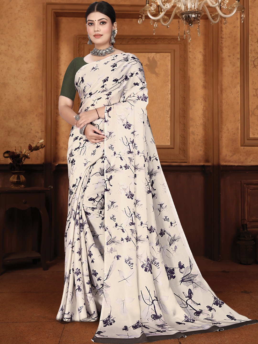 

Mitera Floral Satin Saree, White