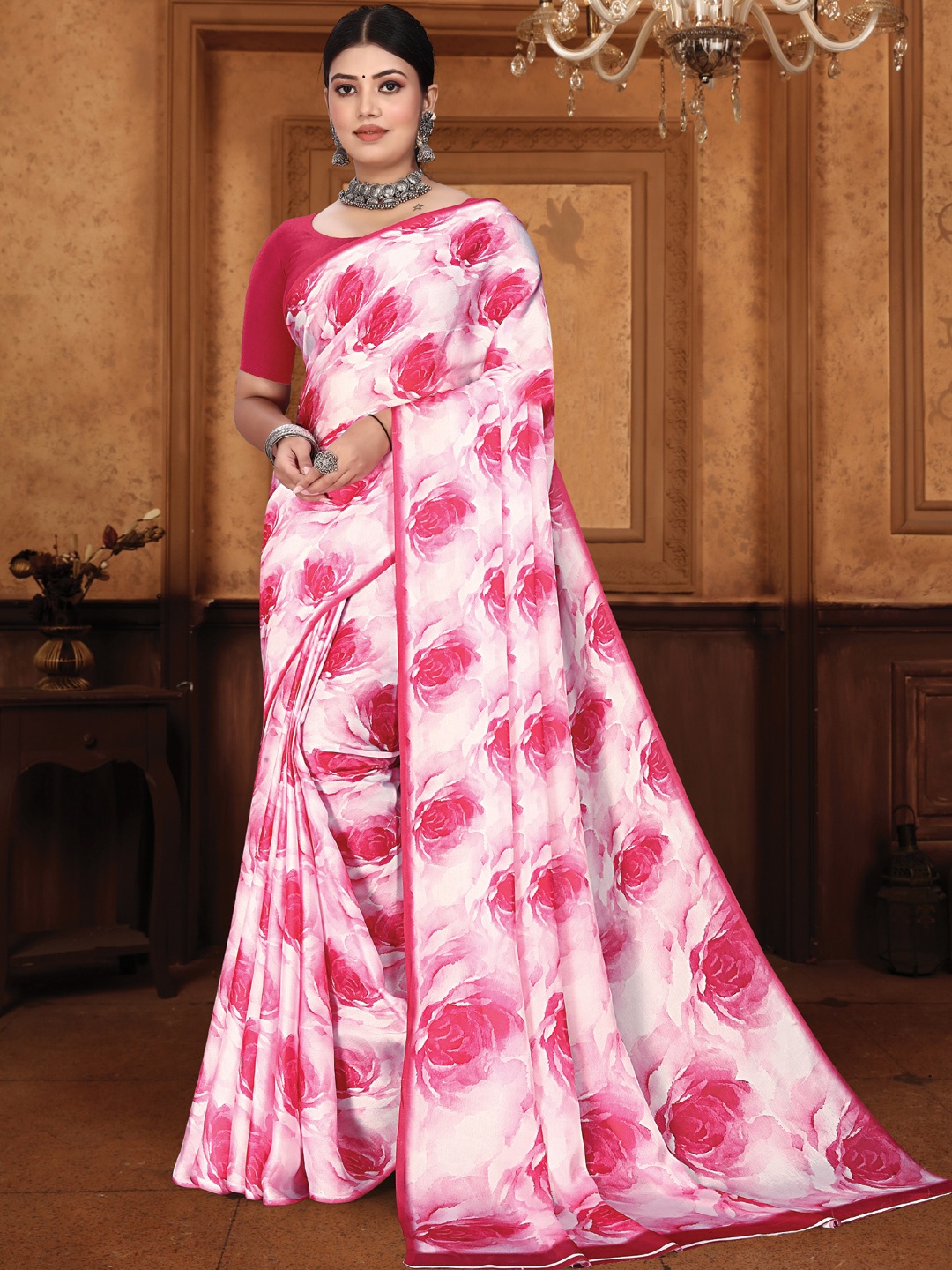 

Mitera Floral Satin Saree, Pink