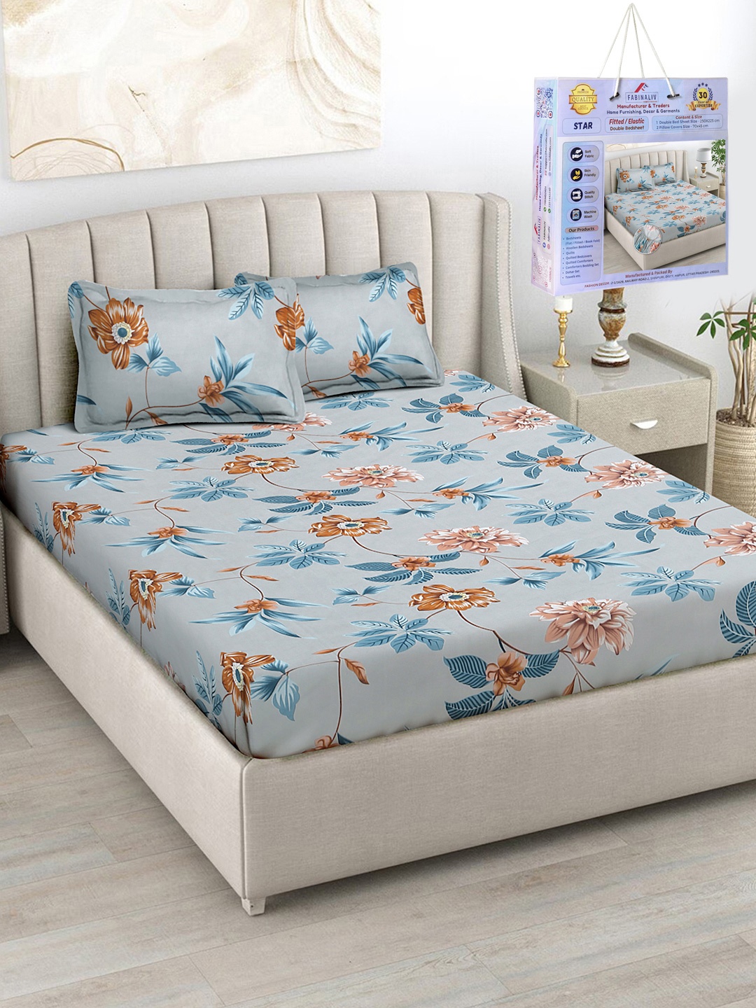 

FABINALIV Grey & Blue Floral 300 TC Fitted King Bedsheet Set 2.50m X 2.25m