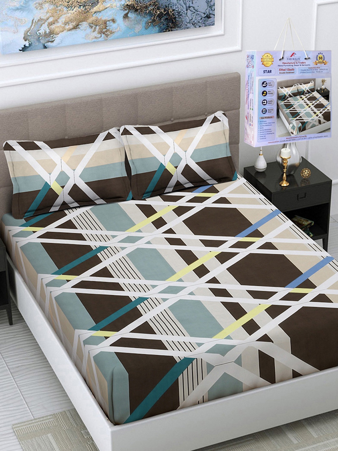 

FABINALIV White & Brown Geometric 300 TC King Bedsheet Set 2.50 m x 2.25 m