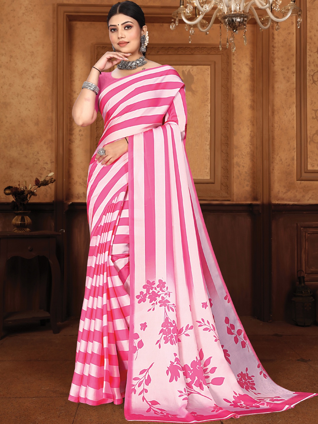 

Mitera Striped Satin Saree, Pink