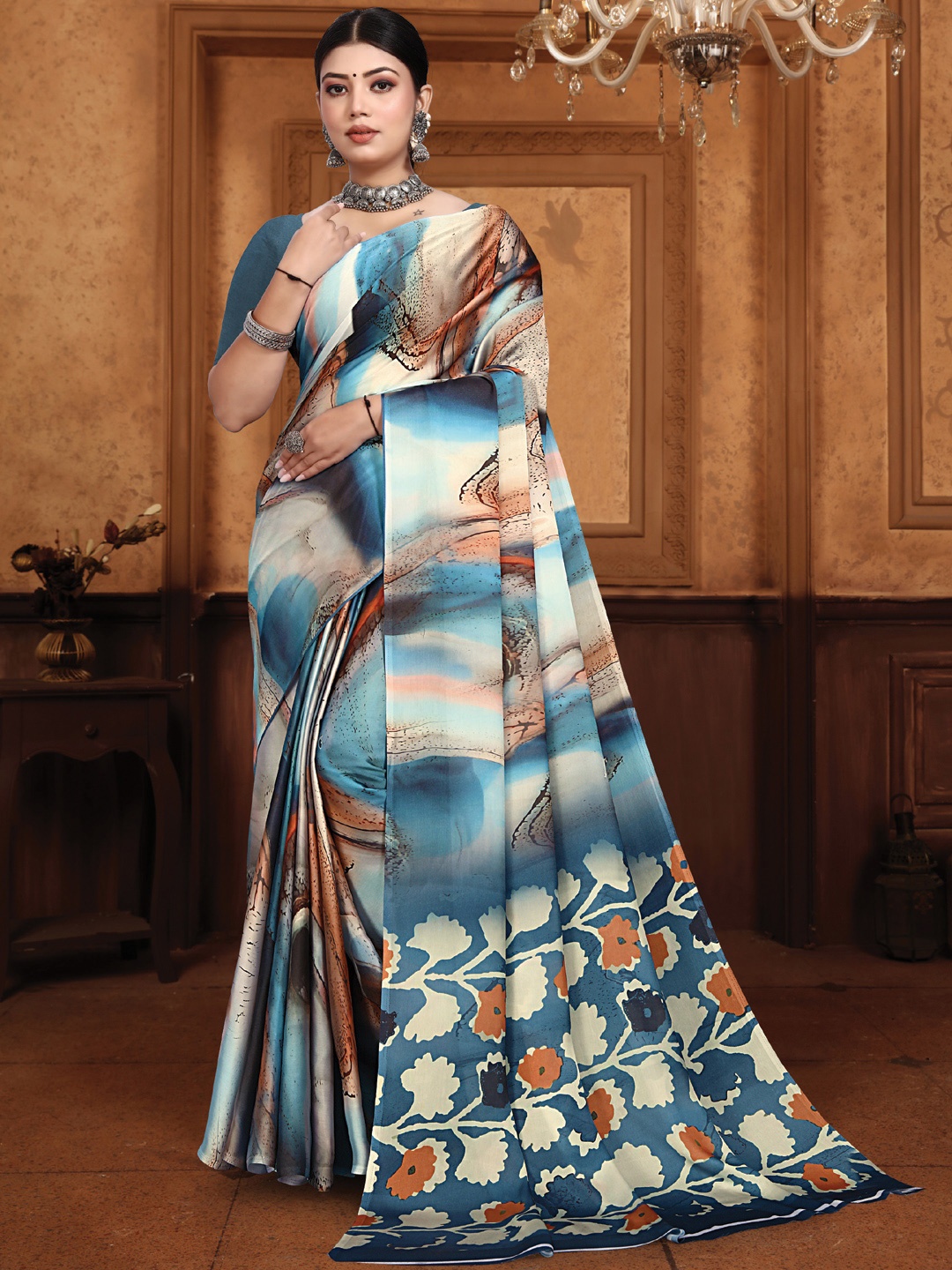 

Mitera Floral Satin Saree, Blue