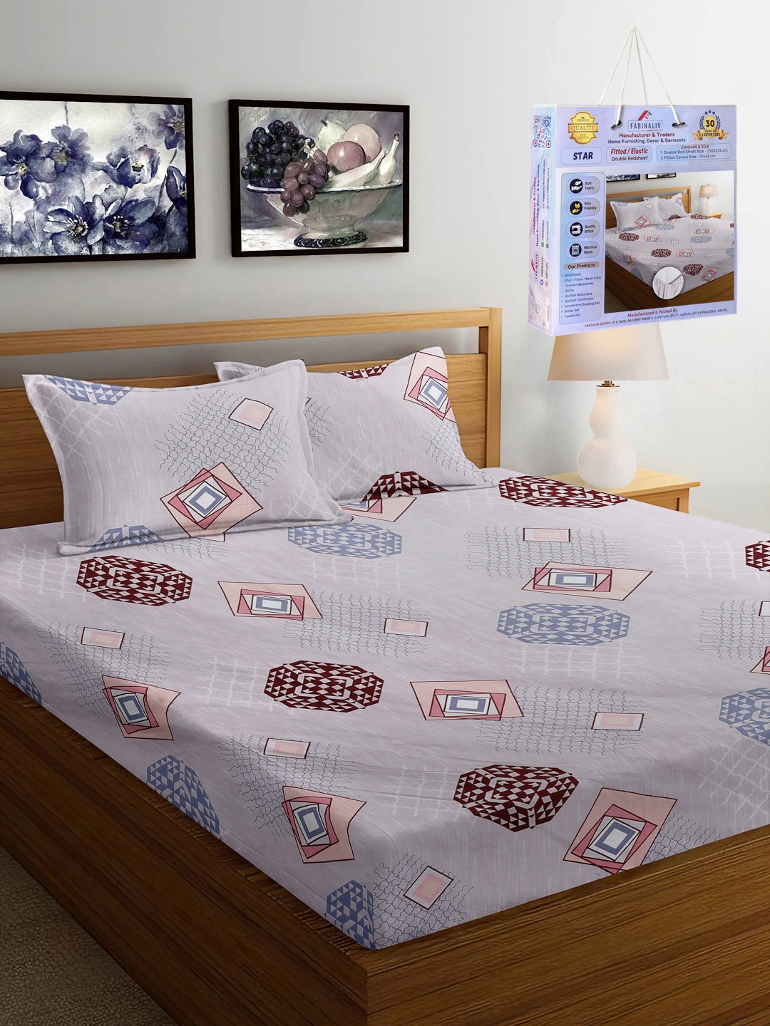 

FABINALIV Multicoloured Geometric 300 TC King Bedsheet Set 2.50 m x 2.25 m, Purple