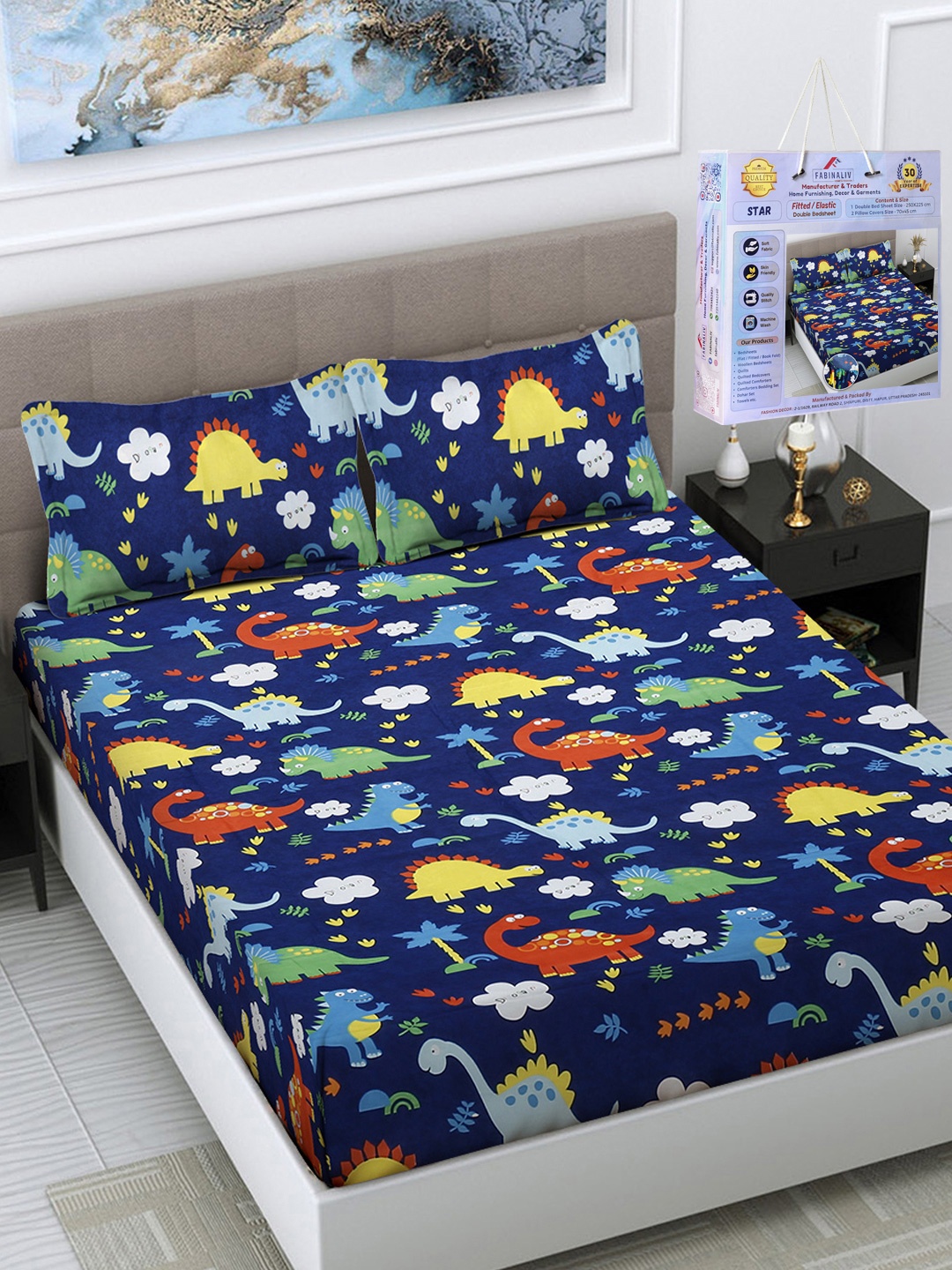 

FABINALIV Blue Printed 300 TC Fitted King Bedsheet Set 2.50m X 2.25m