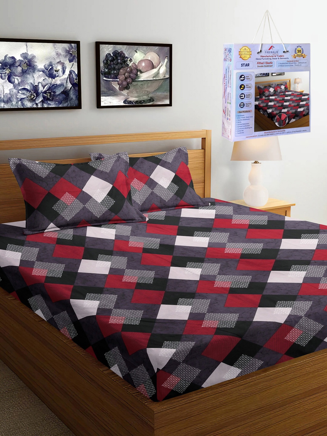 

FABINALIV Red & Grey Geometric 300 TC Fitted King Bedsheet Set 2.50m X 2.25m