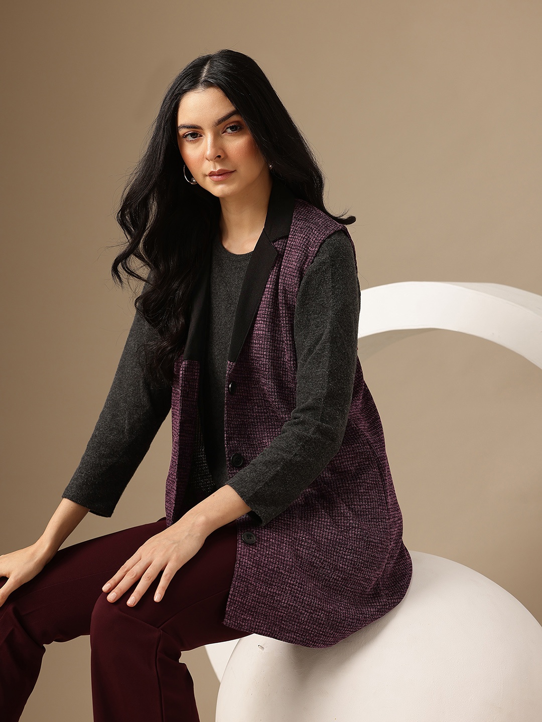 

Chemistry Longline Button Shrug, Purple