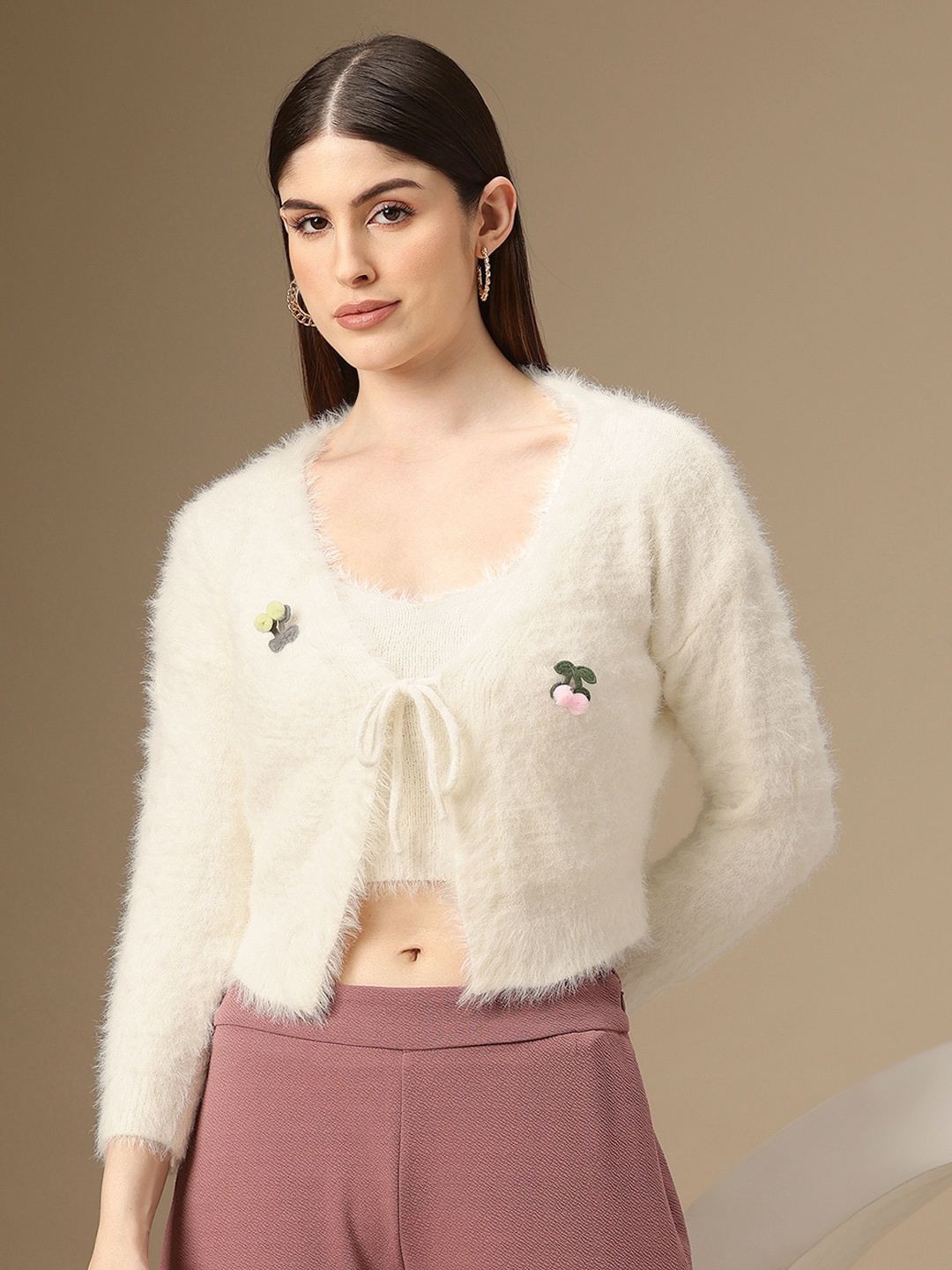 

Chemistry Boucle Woollen Crop Cardigan & Top with Fuzzy Detail, White