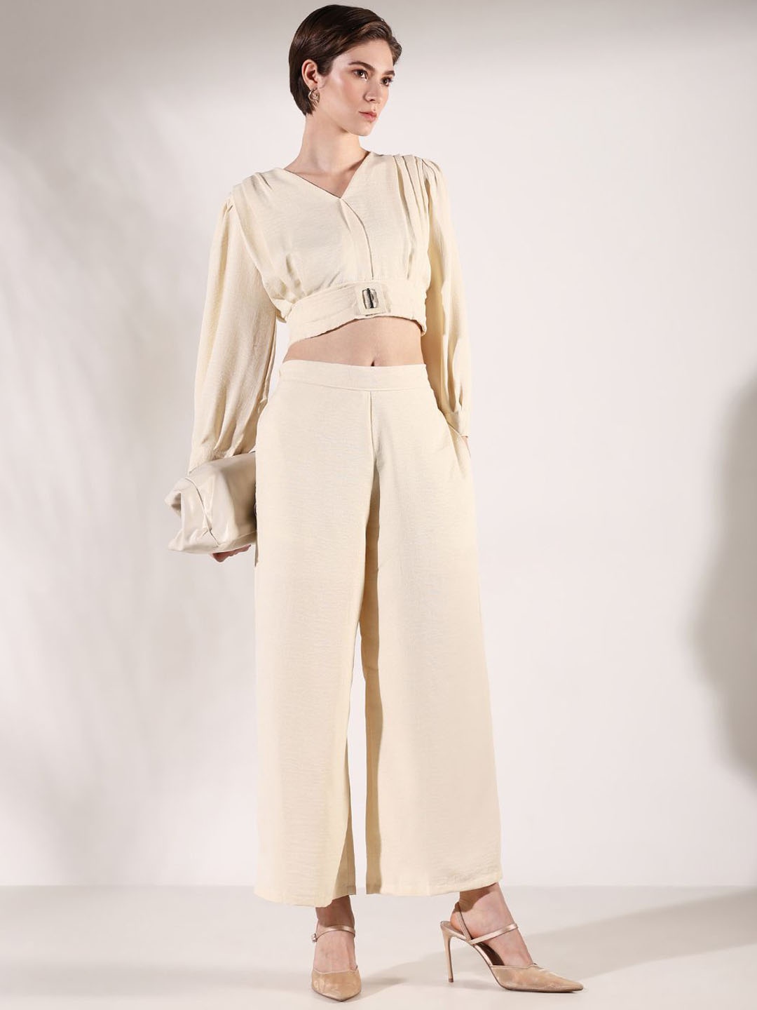 

SHOWOFF V-Neck Long Sleeves Top With Palazzo, Cream