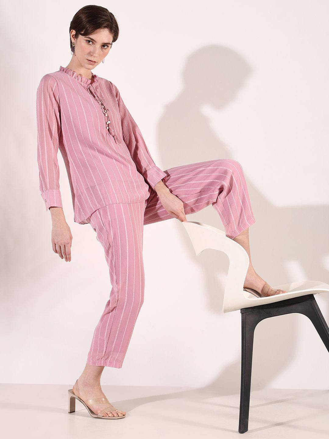 

SHOWOFF Striped Round Neck Three-Quarter Sleeves Top With Trouser, Pink