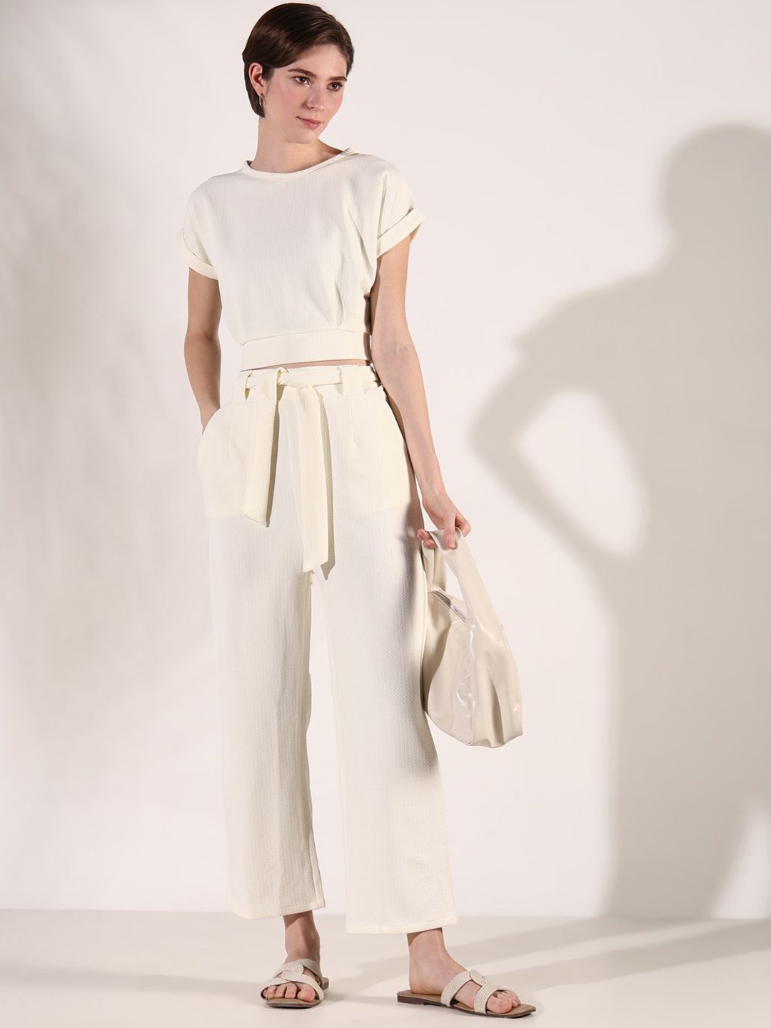 

SHOWOFF Round Neck Short Sleeves Top & Trousers With Belt, Off white