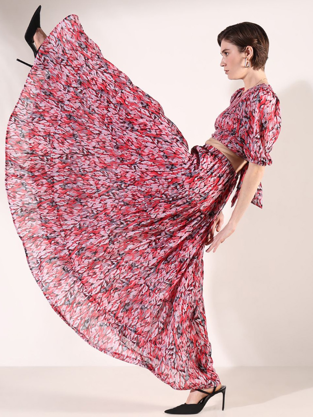 SHOWOFF Floral Printed Square Neck Short Sleeves Top & Skirt, Red
