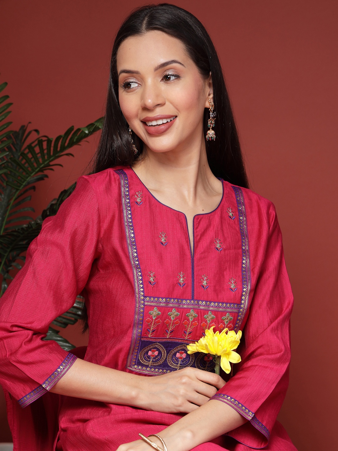 

Nayam By Lakshita Women Floral Yoke Design Regular Kurta with Palazzos & With Dupatta, Pink