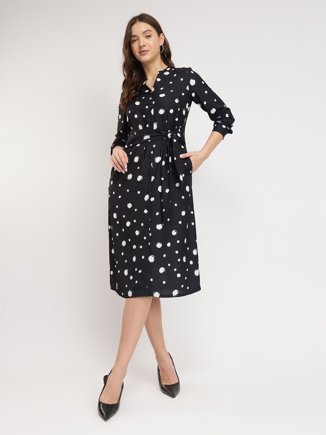 

FableStreet Print Shirt Midi Dress, Black