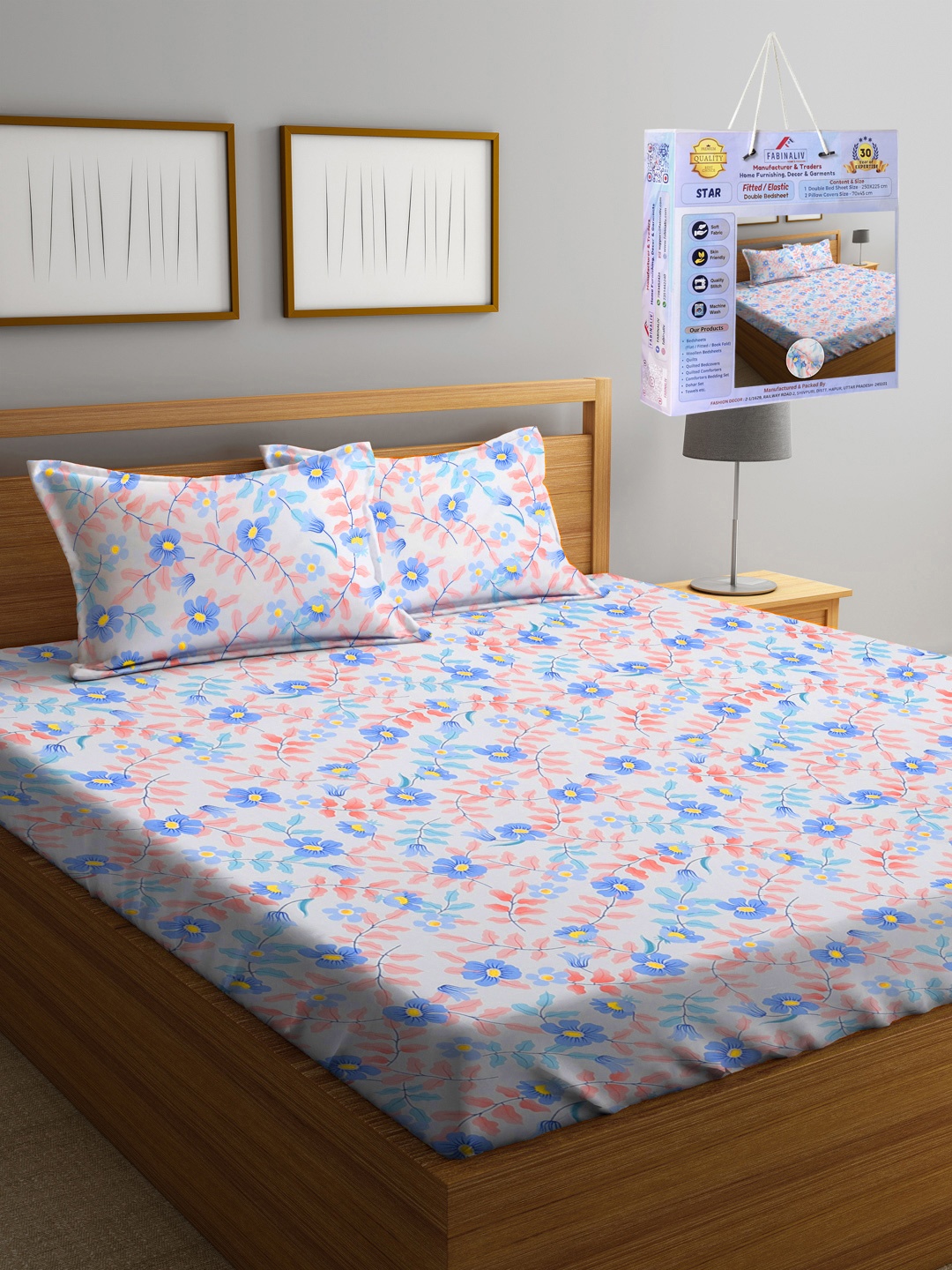 

FABINALIV White & Pink Floral 300 TC Fitted King Bedsheet Set 2.50m X 2.25m