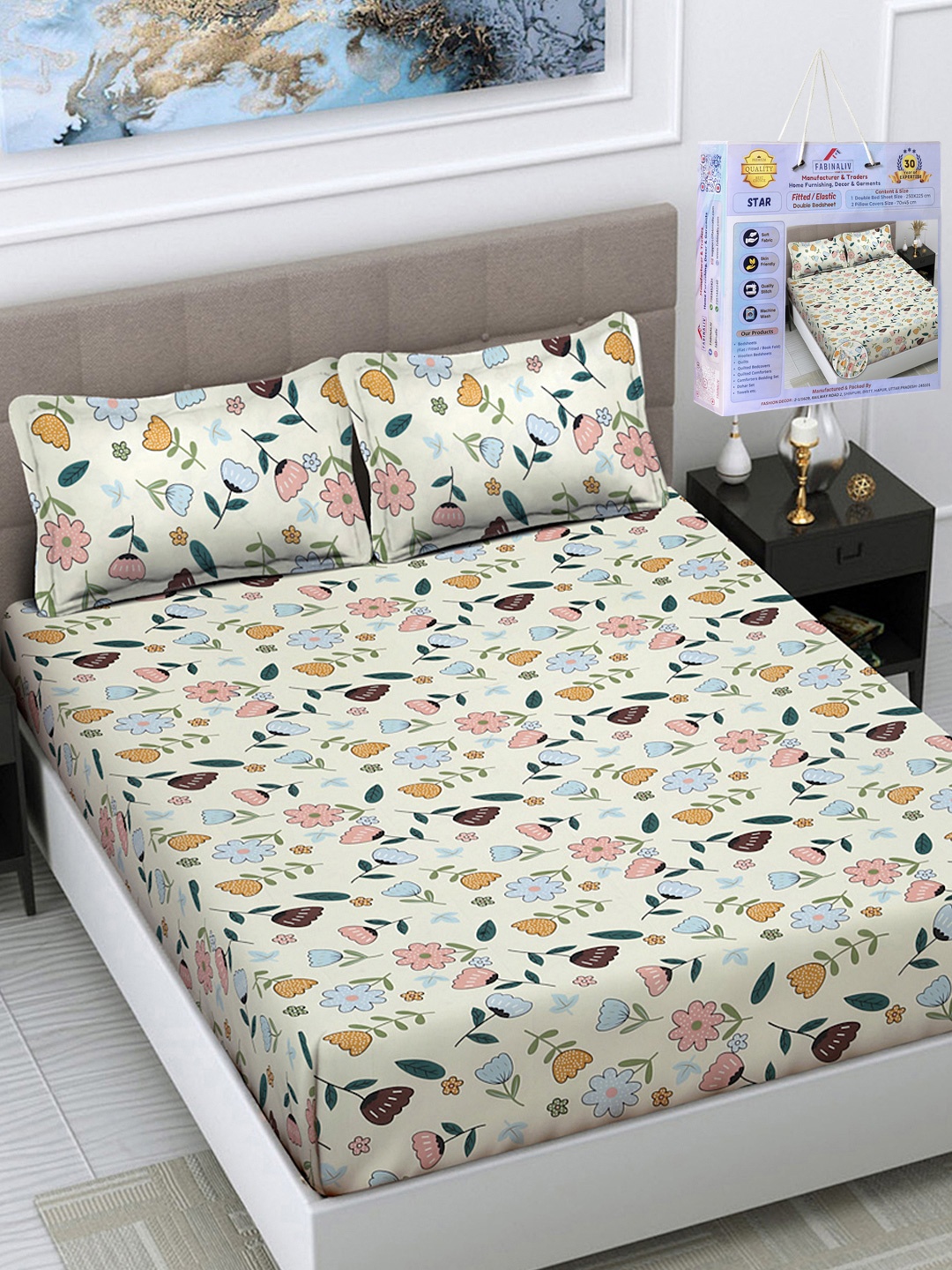 

FABINALIV Peach-Coloured Floral Fitted 300 TC King Bedsheet Set 2.50m X 2.25m
