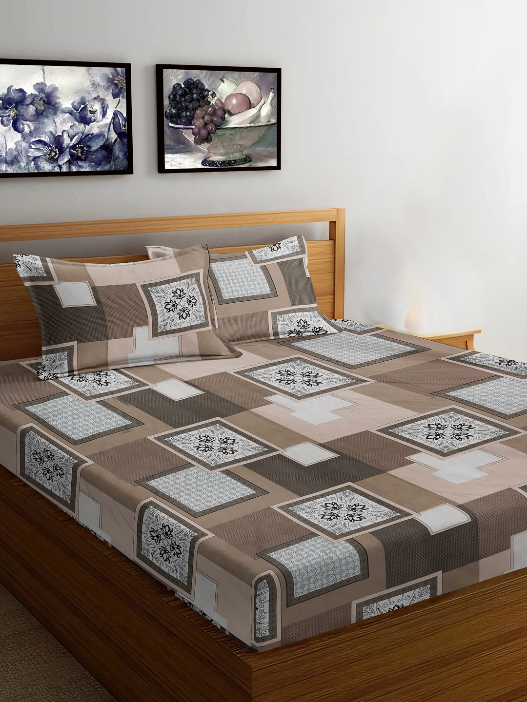 

FABINALIV Brown & White Floral 300 TC Fitted King Bedsheet Set 2.50m X 2.25m