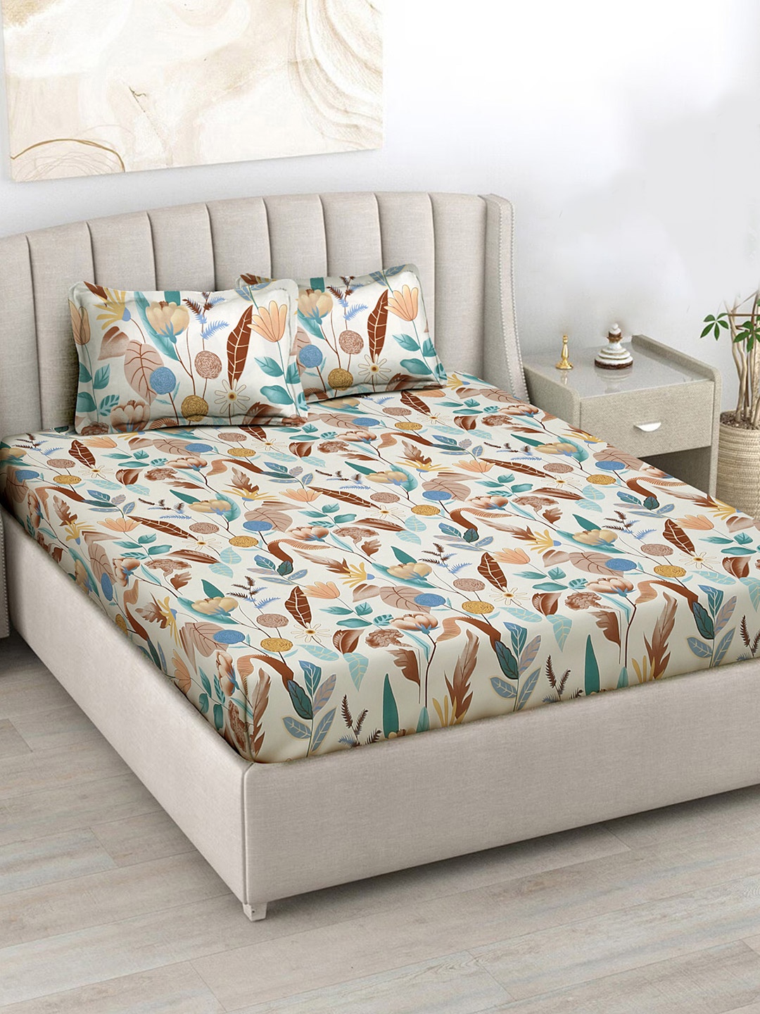 

FABINALIV Cream-Coloured & Brown Floral 300 TC King Bedsheet Set 2.50 m x 2.25 m