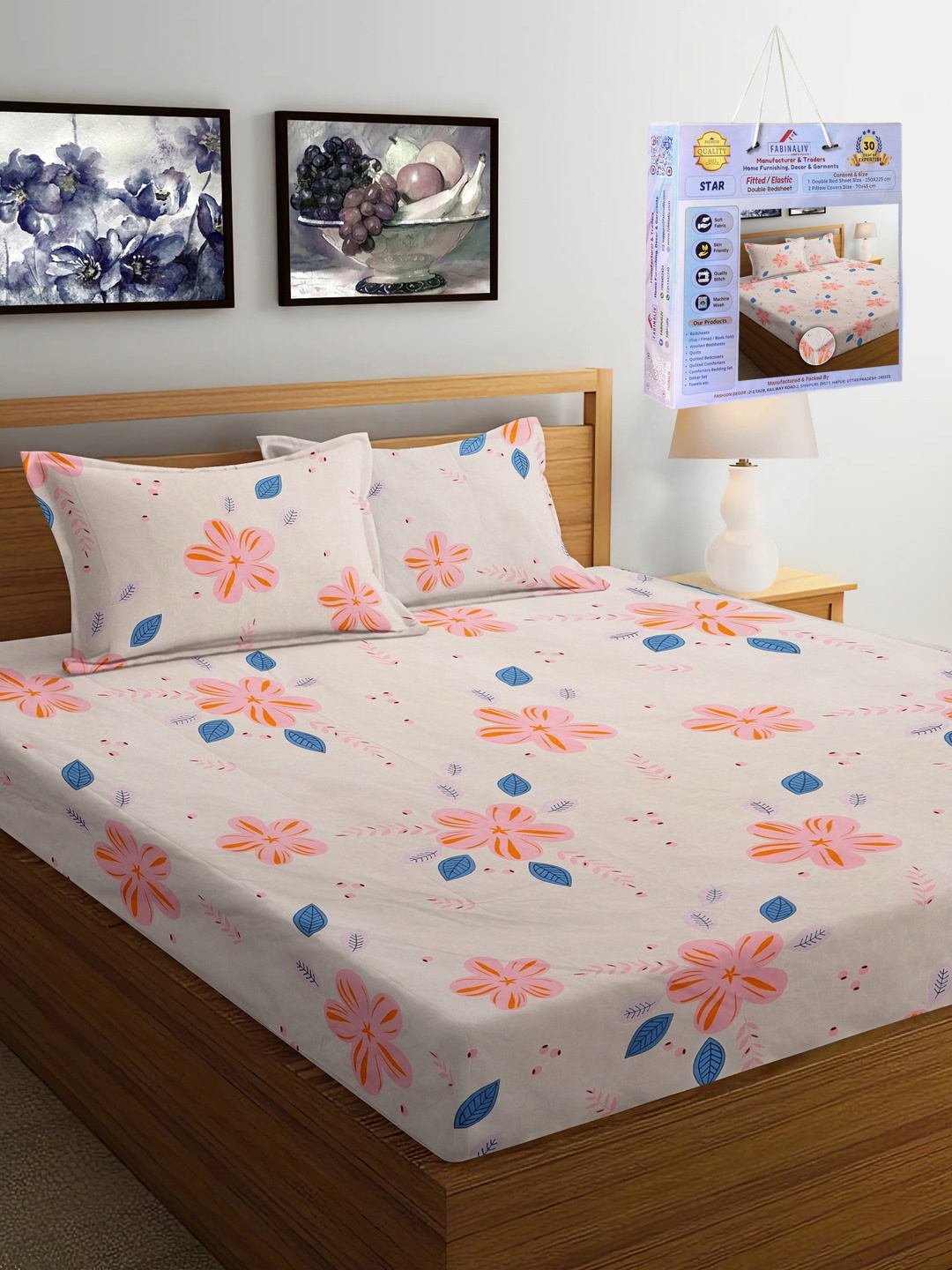 

FABINALIV Pink & Blue Floral Printed 300 TC Fitted King Bedsheet Set 2.50m X 2.25m