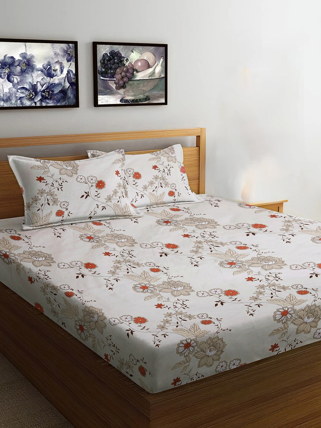 

FABINALIV Cream-Coloured & Brown Floral 300 TC Fitted King Bedsheet Set 2.50m X 2.25m