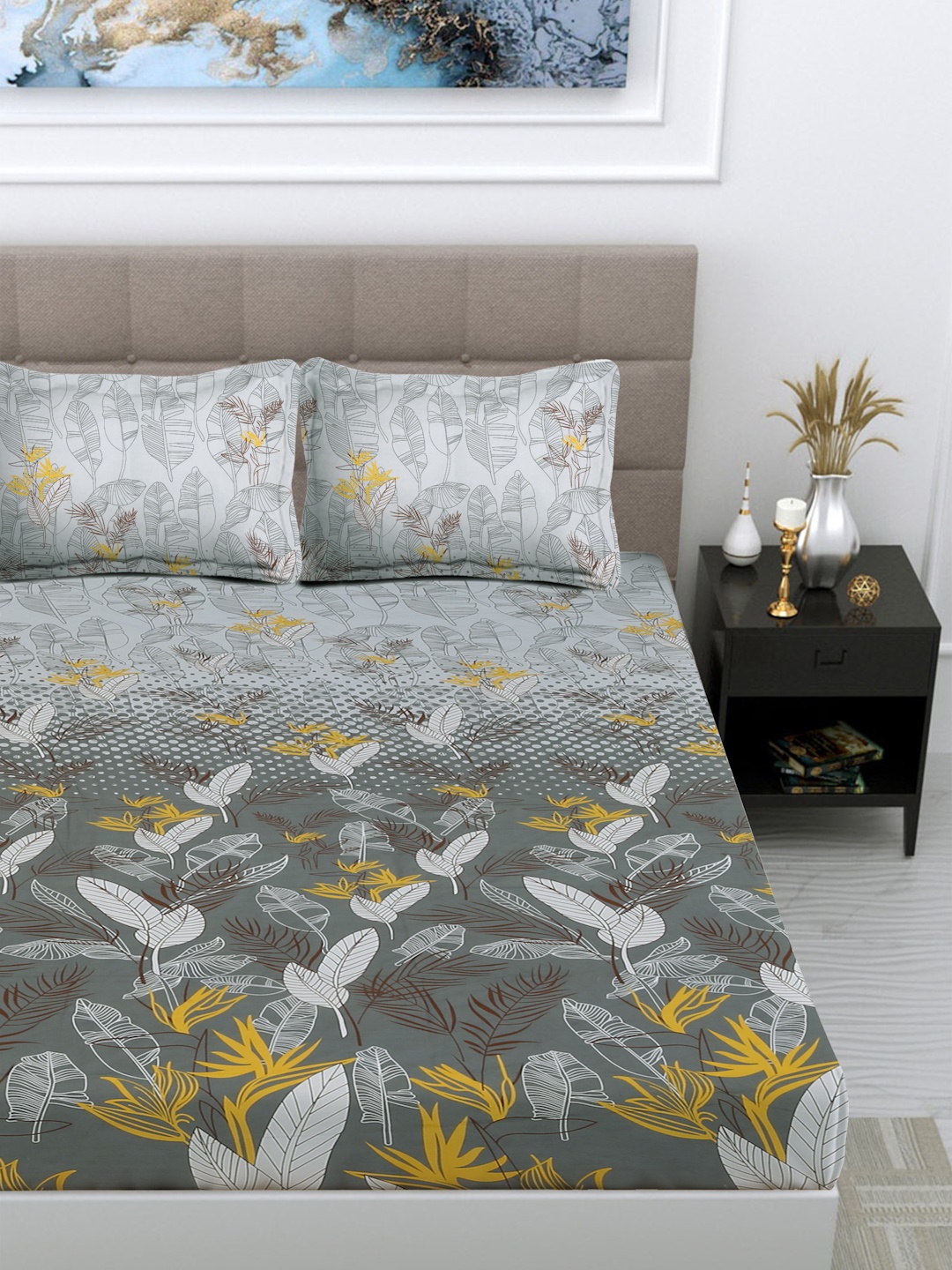 

FABINALIV Grey & Mustard Floral 300 TC Fitted King Bedsheet Set 2.50m X 2.25m