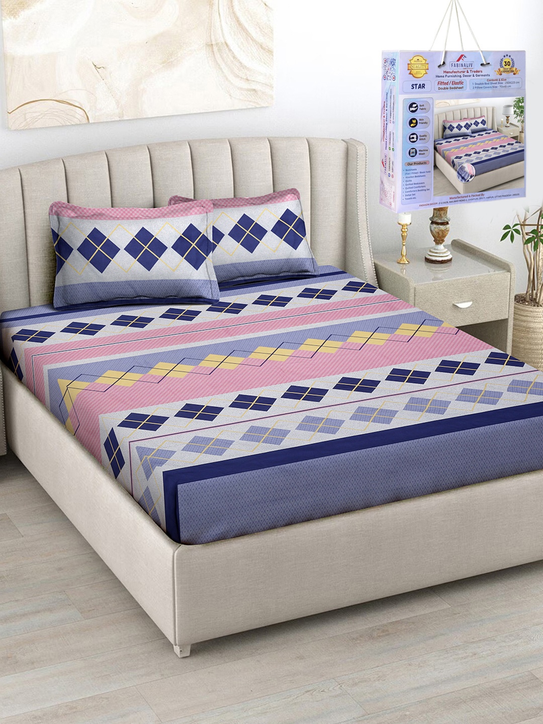 

FABINALIV Pink & Blue Geometric 300 TC King Bedsheet Set 2.50m X 2.25m