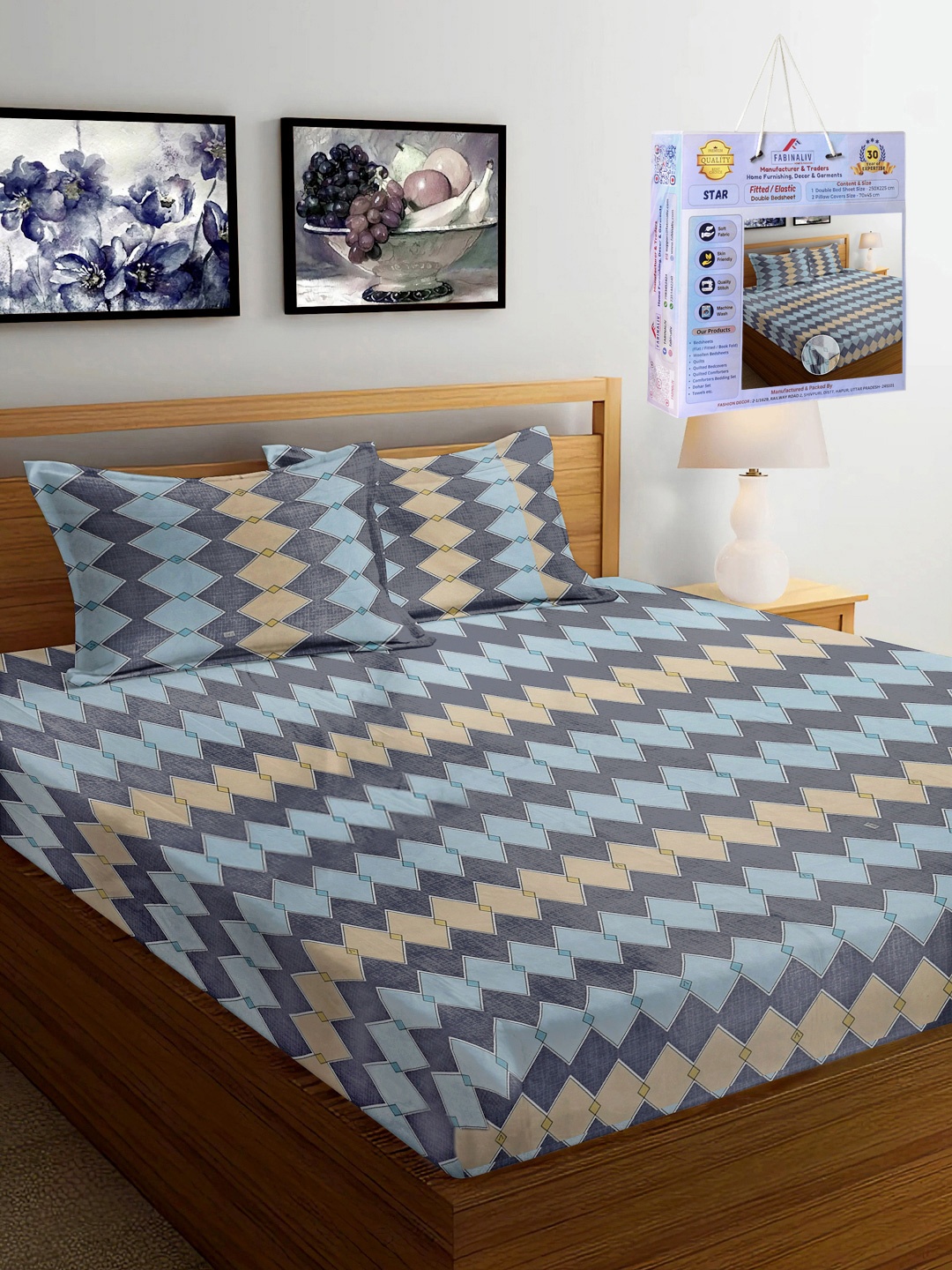 

FABINALIV Grey & Blue Geometric 300 TC King Bedsheet with 2 Pillow Covers 2.50 m x 2.25 m