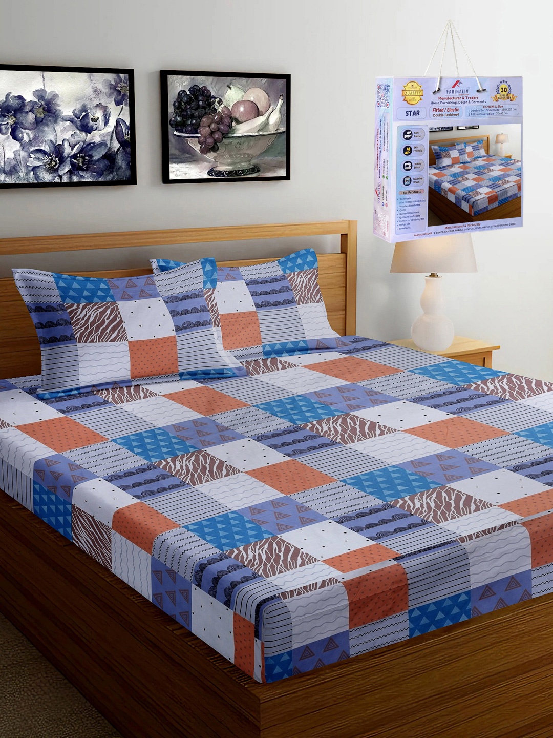 

FABINALIV Blue & White Geometric 300 TC Fitted King Bedsheet Set 2.50m X 2.25m