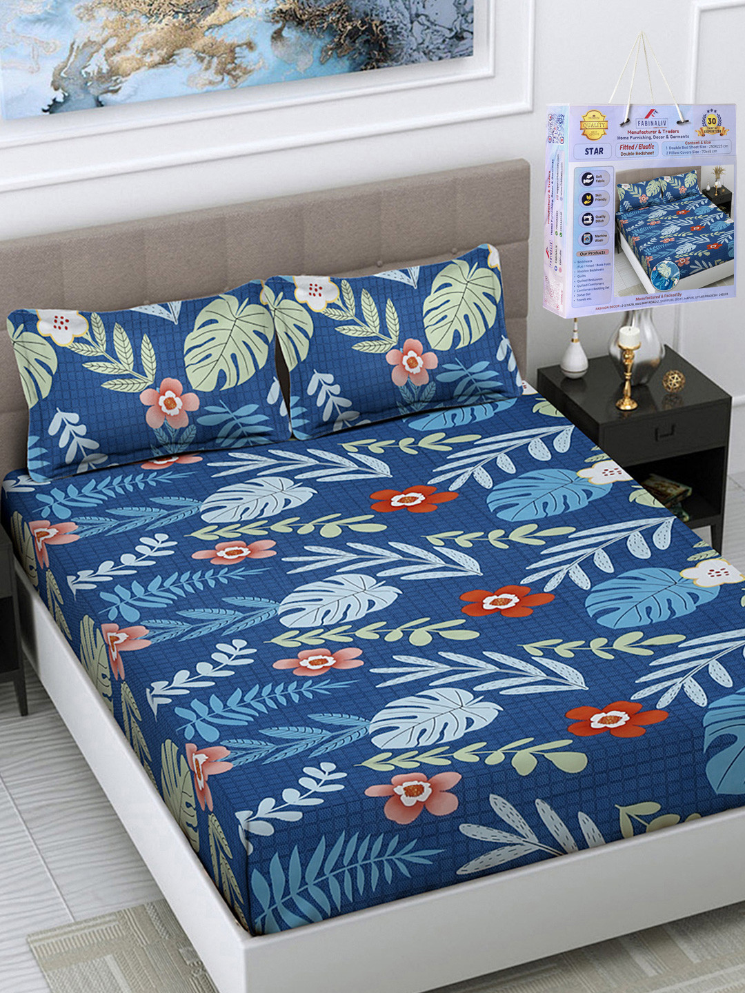 

FABINALIV Blue & Green Floral Printed 300 TC Fitted King Bedsheet Set 2.50m X 2.25m