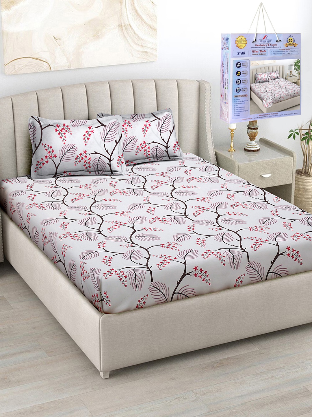 

FABINALIV White & Red Floral 300 TC Fitted King Bedsheet Set Set 2.50m X 2.25m