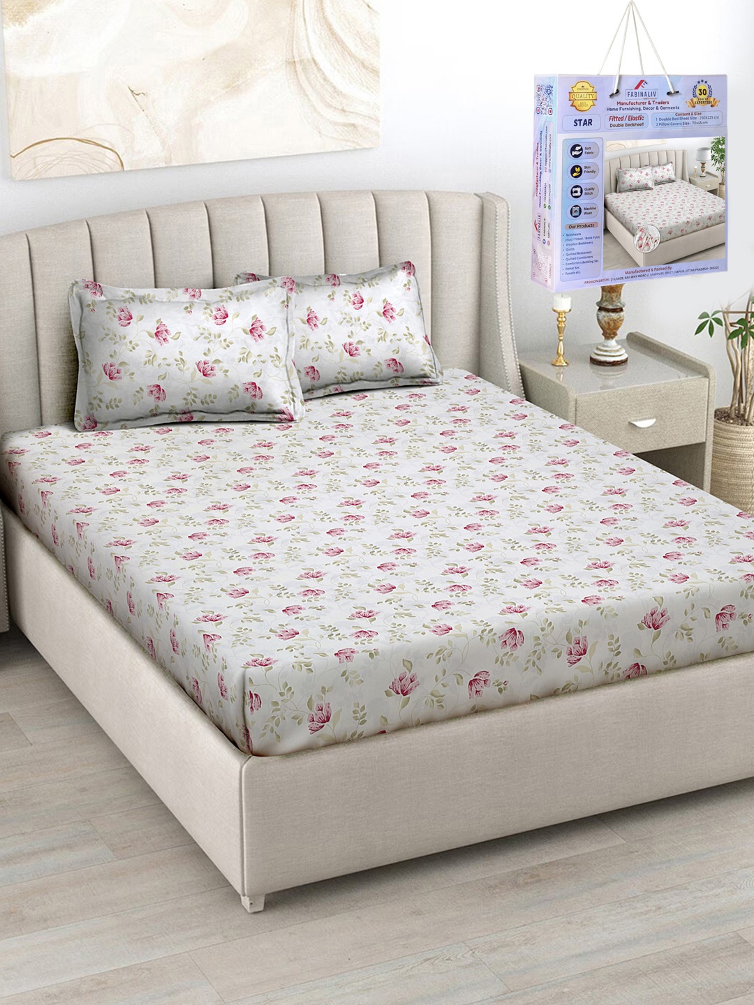 

FABINALIV White & Pink Floral 300 TC Fitted King Bedsheet Set 2.50m X 2.25m